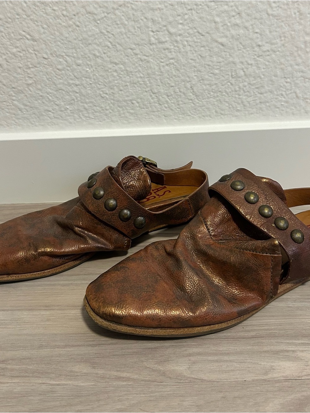 A.S.98 Rustic Brown Leather Slip-On Loafers with Studded Strap
